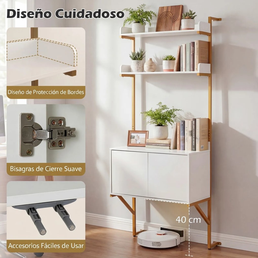Estante em escada de 4 níveis com prateleiras abertas e portas 67 x 48 x 181 cm, Estrutura metálica, para arrumação na sala ou no escritório, Branco +