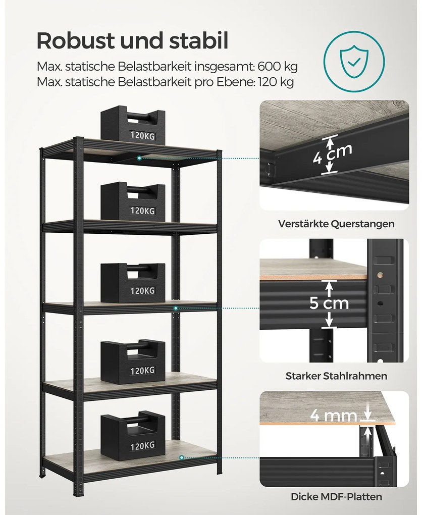 Estante arruamação garagem, despensa, escritorio ajustável com 5 prateleiras 50 x 100 x 200 cm Preto-greige