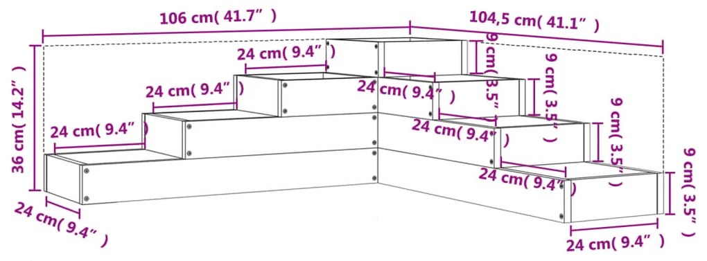 Floreira de jardim com 4 níveis 106x104,5x36 cm pinho maciço
