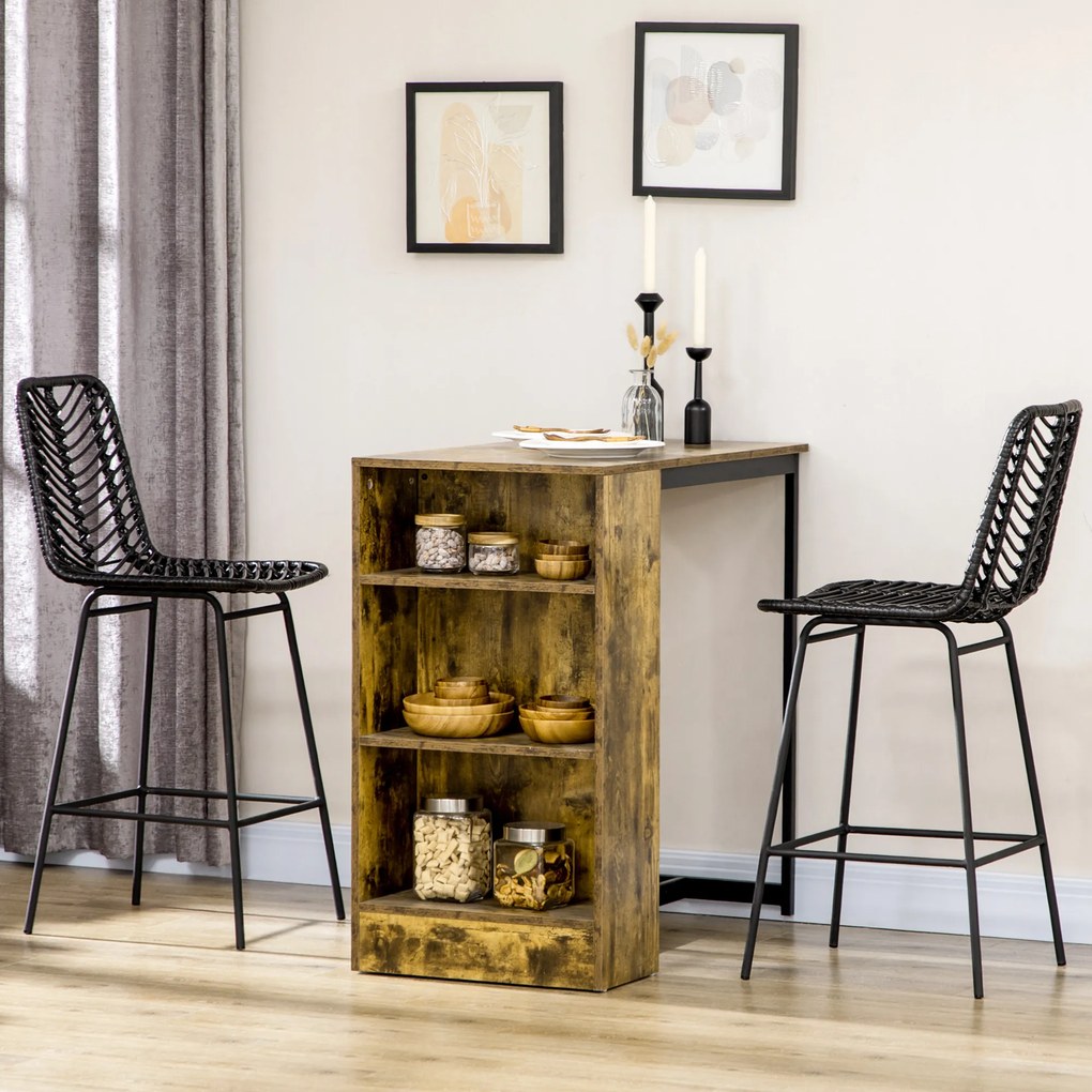 Conjunto de 2 bancos de bar de design boémio, com 66 cm de altura, com apoio para os pés em metal e rattan PE - preto