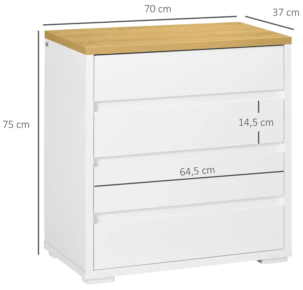HOMCOM Cómoda Moderna com 4 Gavetas Cómoda de Madeira para Dormitório Sala de Estar Carga Máxima 40 kg 70x37x75 cm Branco e Madeira