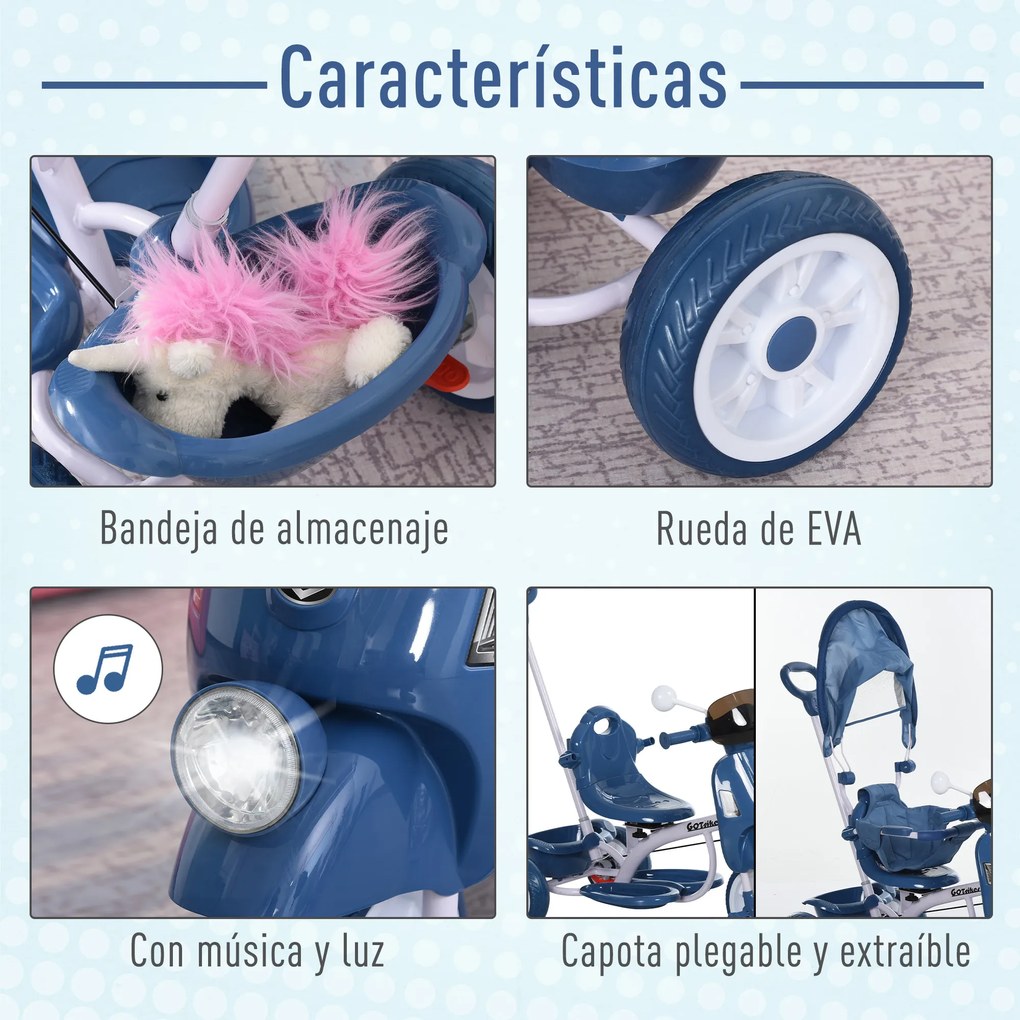 HOMCOM Triciclo evolutivo infantil Carrinho de criança Com função de luz e música Barra de segurança e toldo retrátil Assento giratório 360 ° 93x51x94 cm Azul