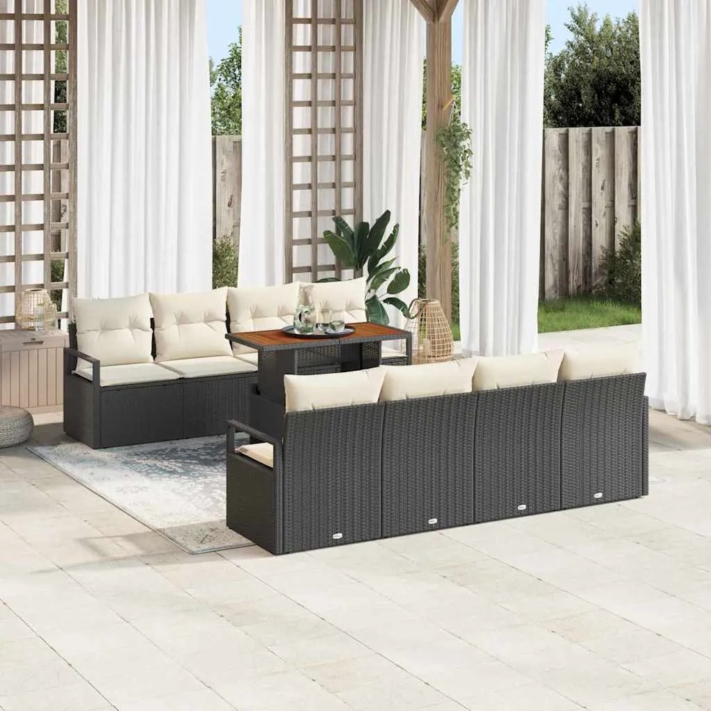 vidaXL Conjunto de Sofá de Jardim de 9 Peças com Almofadas Pretas de Rattan e Poliéster