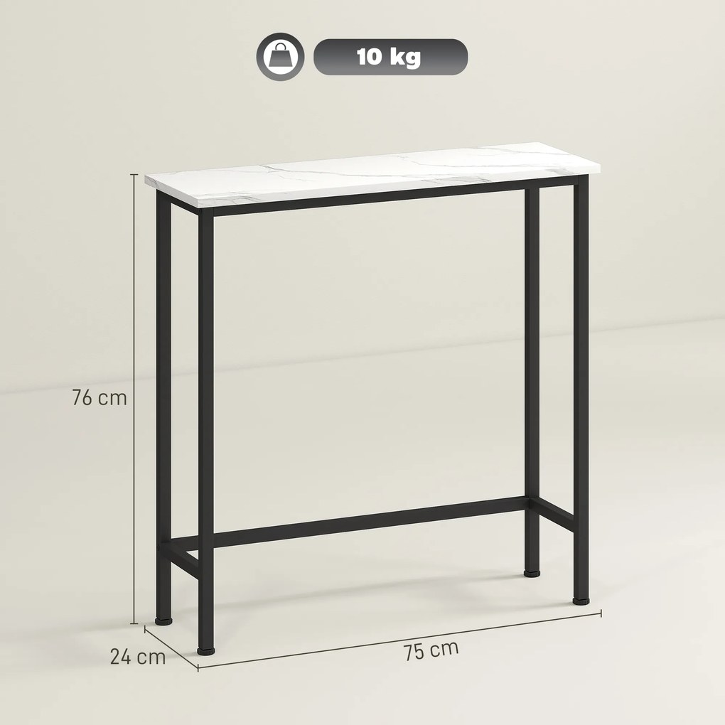 Mesa Consola Moderna Consola Estreita com Superfície com Efeito Mármore e Estrutura de Metal 75x24x76 cm Branco e Preto