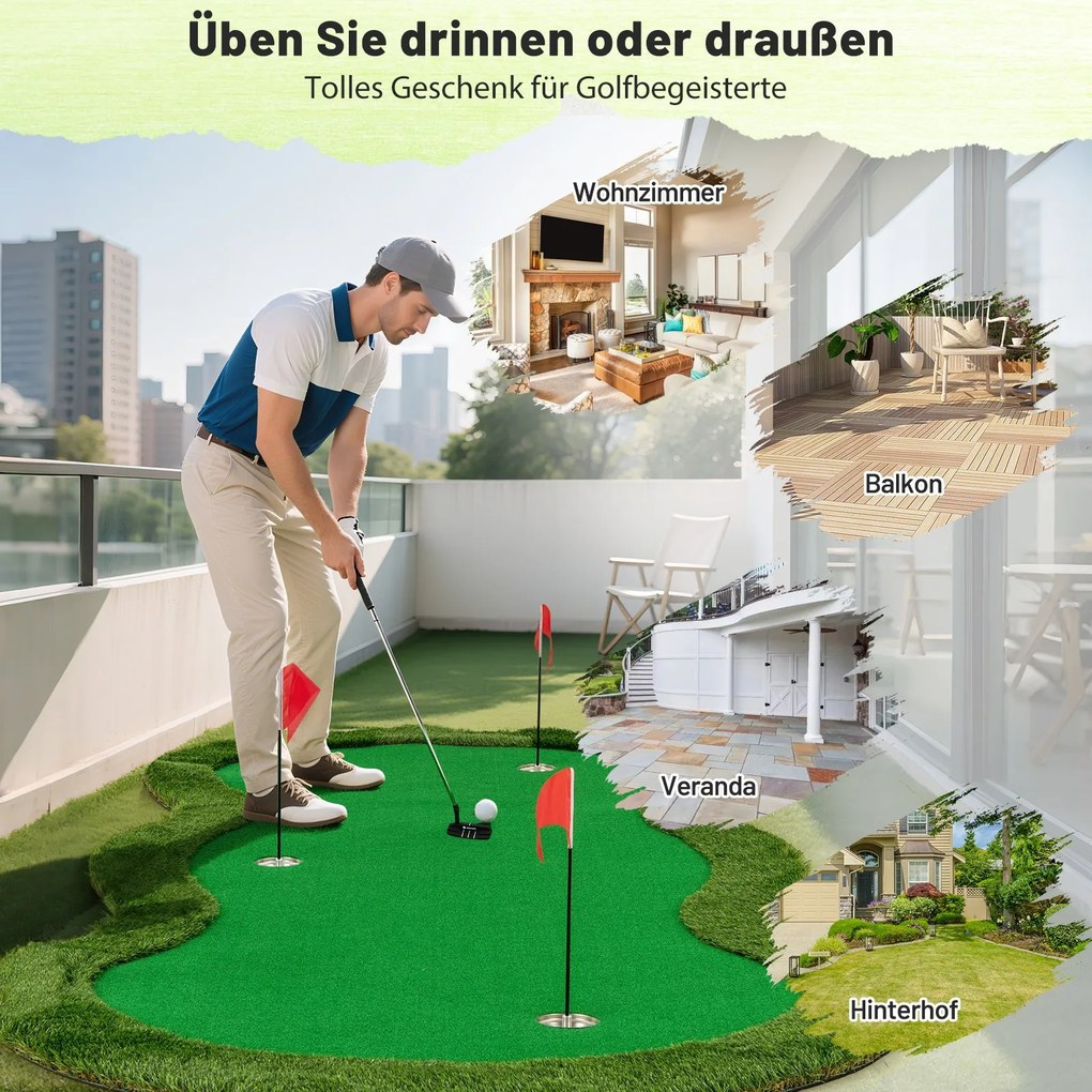 Tapete profissional para golfe 300 x 150 cm  com 3 buracos e bolas de golfe para casa, verde