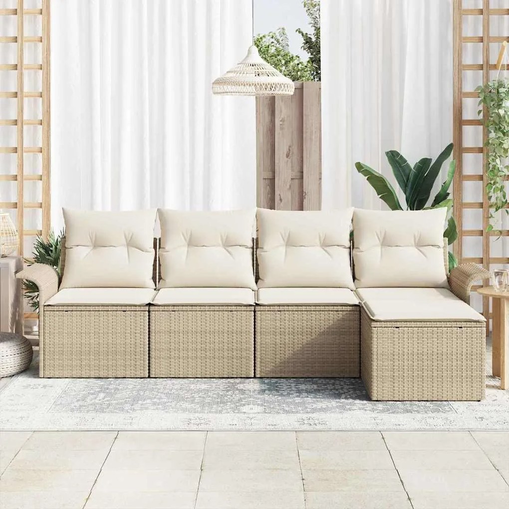 Conjunto de Sofá VidaXL de 5 Peças com Almofadas Bege Rattan Poliéster