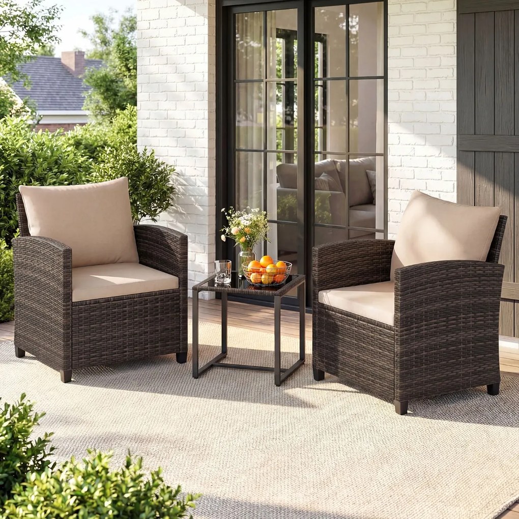 Conjunto de 3 móveis de rattan para jardim, com 2 cadeiras, mesa de vidro e almofadas pretas com capas removíveis, para jardim, terraço ou piscina Cas