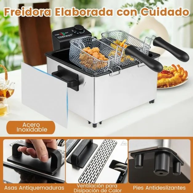 Fritadeira elétrica de 2000 W com 3 cestos Temperatura ajustável e tampa com janela de visualização uso doméstico Prata e preto