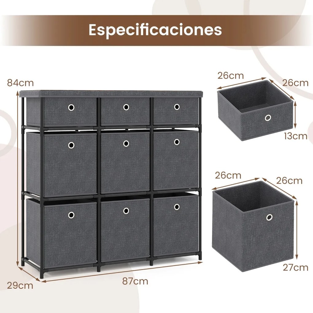 Cómoda com 9 gavetas 87 x 28 x 84 cm, estrutura metálica e cestos de tecido dobráveis para casa, cinza