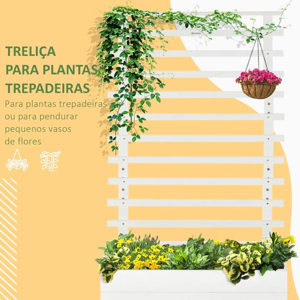 Floreira com Treliça de Madeira Maciça com 4 Rodas Caixa de Plantio com Suporte para Plantas Trepadeiras e Malha Geotêxtil para Cultivos de Plantas Fl