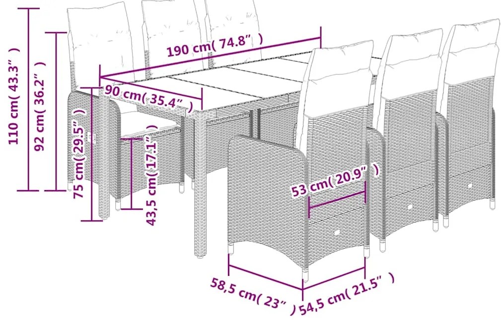 7 pcs conjunto bistrô de jardim c/ almofadões vime PE cinza