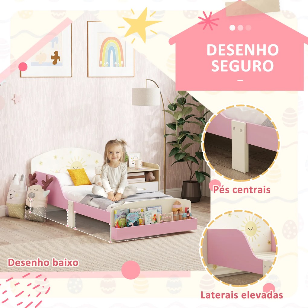 Cama Infantil para Crianças +3 Anos 70x140 cm em Madeira (Colchão não incluído) com Armazenamento e Desenhos de Estrela Rosa
