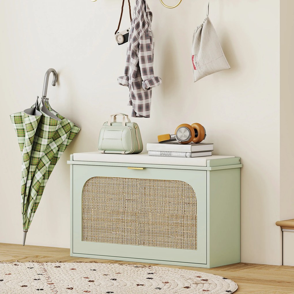 Sapateira 80 x 26 x 47,5 cm, banco com arrumação, assento almofadado, gaveta rebatível, porta em rattan, verde