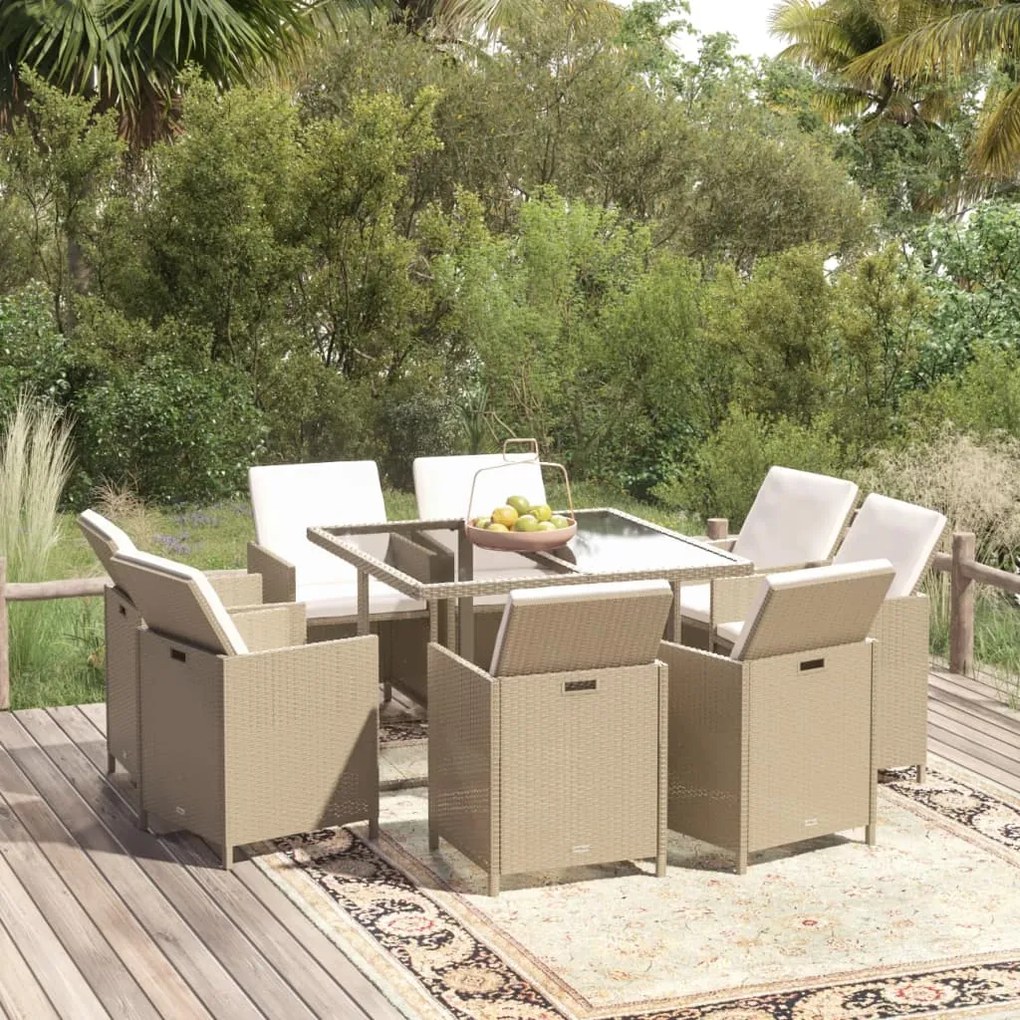 vidaXL 9 pcs conjunto de jantar p/ jardim com almofadões vime PE bege