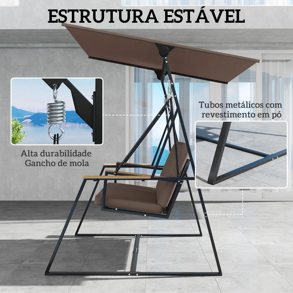 Baloiço de Jardim de 3 Lugares com Teto Ajustável UPF50+ 2 Bandejas Almofadas e Estrutura em Metal 222x131x175 cm Castanho