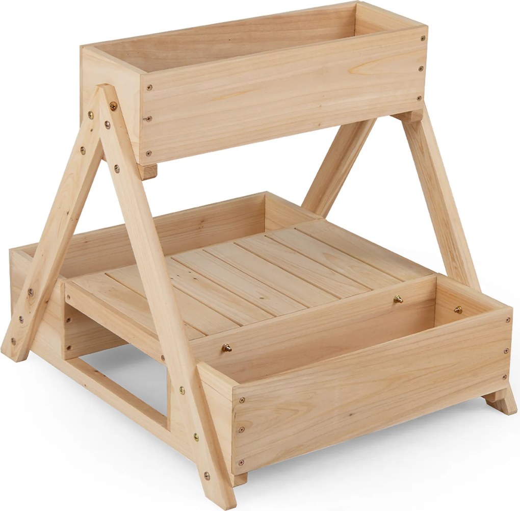 Floreira vertical em madeira de abeto 66 x 58 x 60 cm com 3 vasos e estante de arrumação aberta, com orifícios de drenagem, para jardim ou pátio, natu