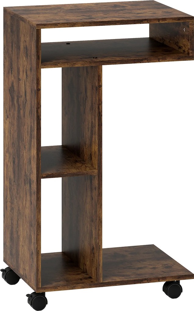HOMCOM Mesa lateral, carrinho servente em forma de C, 4 rodas, 3 compartimentos, 40 x 30 x 69 cm, Castanho rústico | Aosom Portugal