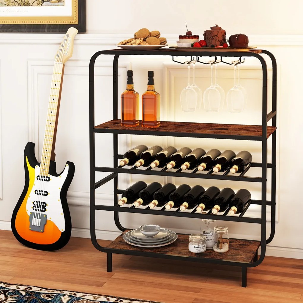 Garrafeira com capacidade para 16 garrafas 90 x 35 x 117 cm, 5 níveis e suportes para copos; Estrutura metálica industrial; prateleira de arrumação em