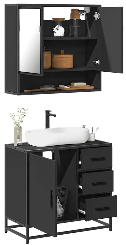 vidaXL 2 pcs conjunto móveis casa de banho derivados de madeira preto