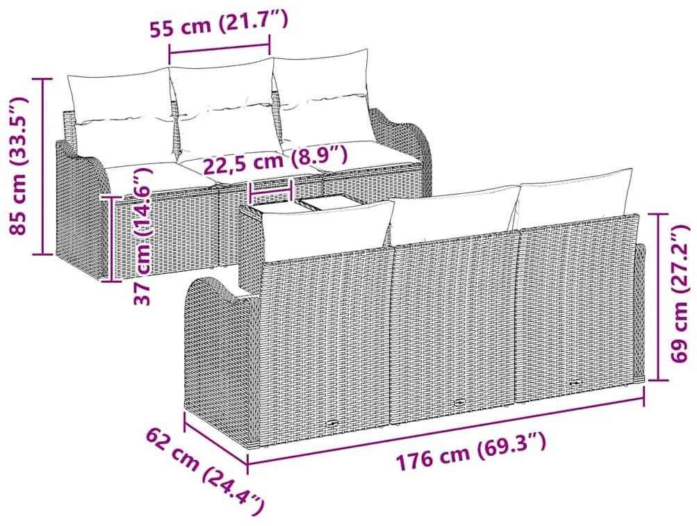 Conjunto de Sofá de Jardim com 7 Peças e Almofadas em Rattan Sintético