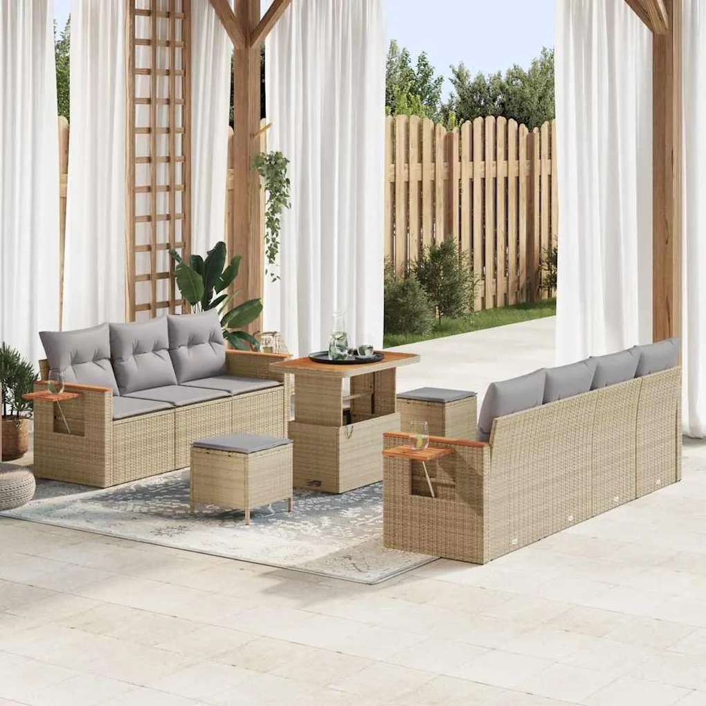 Conjunto de Sofá Jardim de 10 Peças com Almofadas Bege Rattan Poliméri