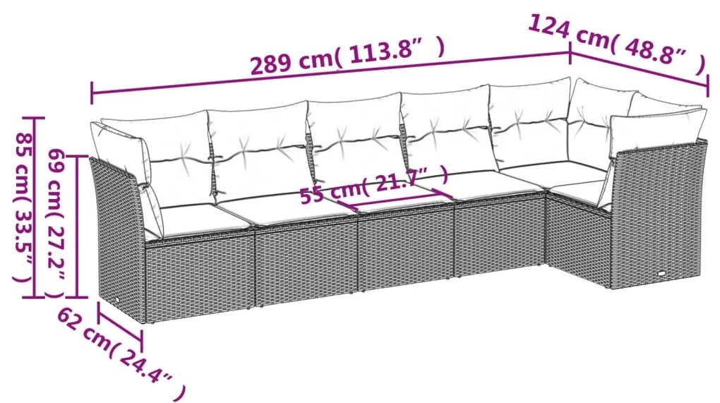 6 pcs conjunto sofás de jardim com almofadões vime cinzento