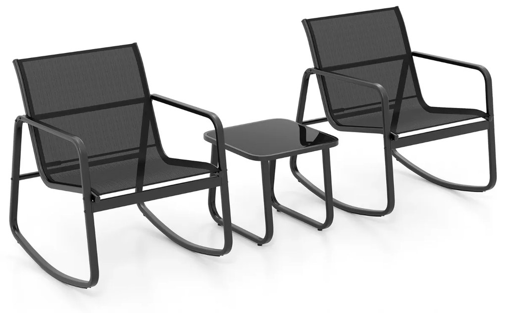 Conjunto jardim bistrô com 2 cadeiras de baloiço mesa com tampo de vidro para jardim exterior e varanda Preto