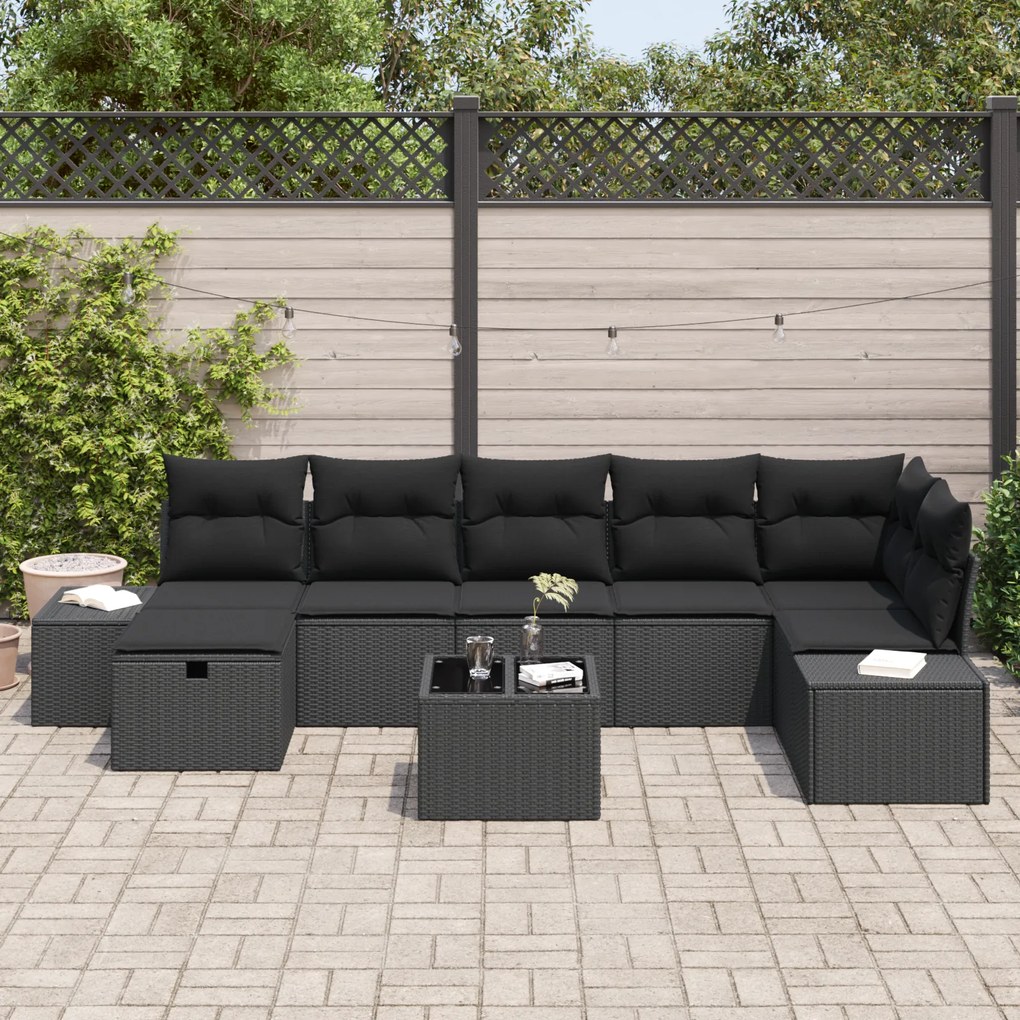 Conjunto de Sofá de Jardim de 8 Peças com Almofadas Pretas de Rattan S