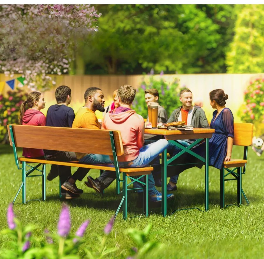 Conjunto de mesa e bancos 3 peças esplanada, jardim, tendas, cervejaria, dobráveis, com encosto Castanho