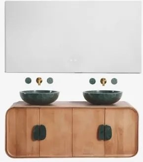 Conjunto De Móvel De Casa De Banho Dupla Suspensa 130x45 Cm Em Madeira De Manga E Pedra Natural Kivalina Retangular Led E Anti-embaciamento 140x75 Cm