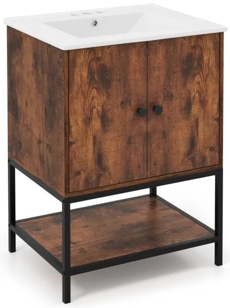 Móvel de lavatório de banheiro com pia e 2 gavetas e 2 portas, armário de banheiro