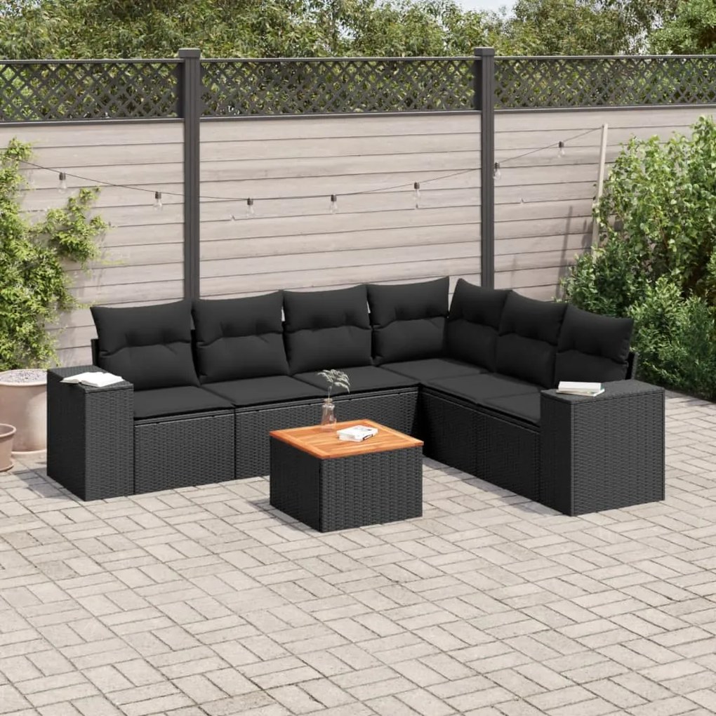 7 pcs conjunto de sofás p/ jardim c/ almofadões vime PE preto