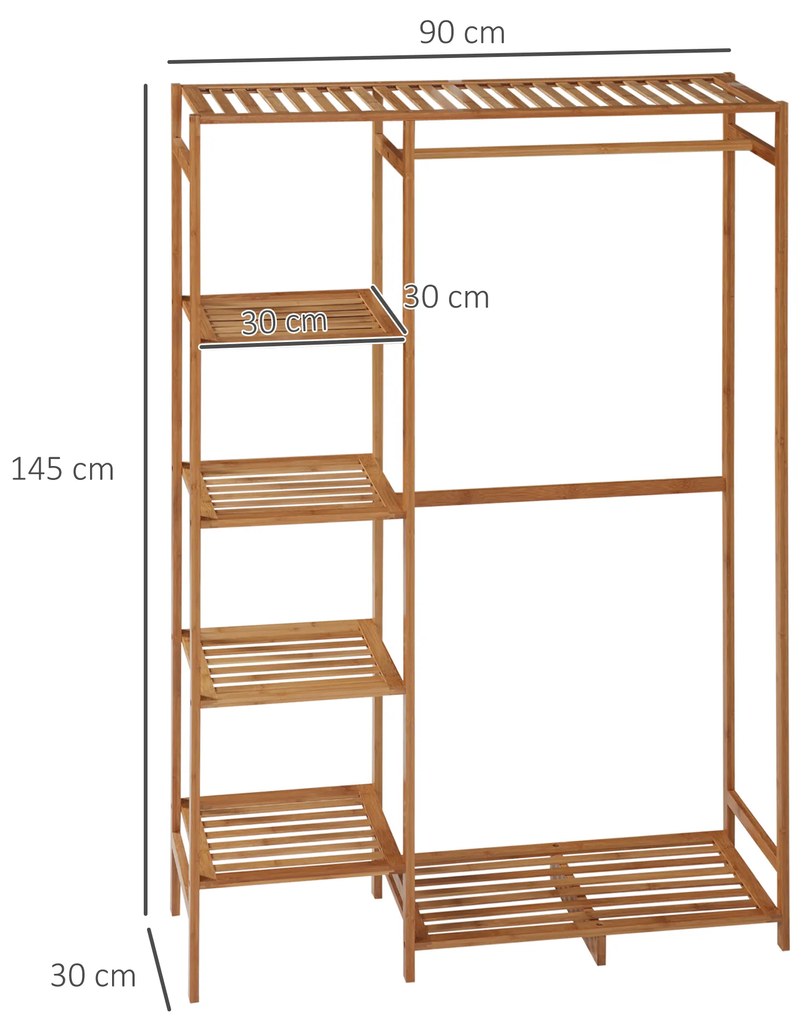 Suporte para Cabides de Bambu com Prateleira de Armazenamento de 6 Níveis e Vara Supensa 90x30x145 cm Madeira