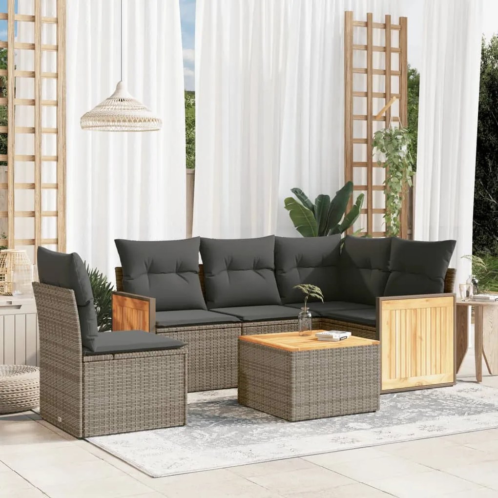 6 pcs conjunto sofás de jardim com almofadões vime cinzento