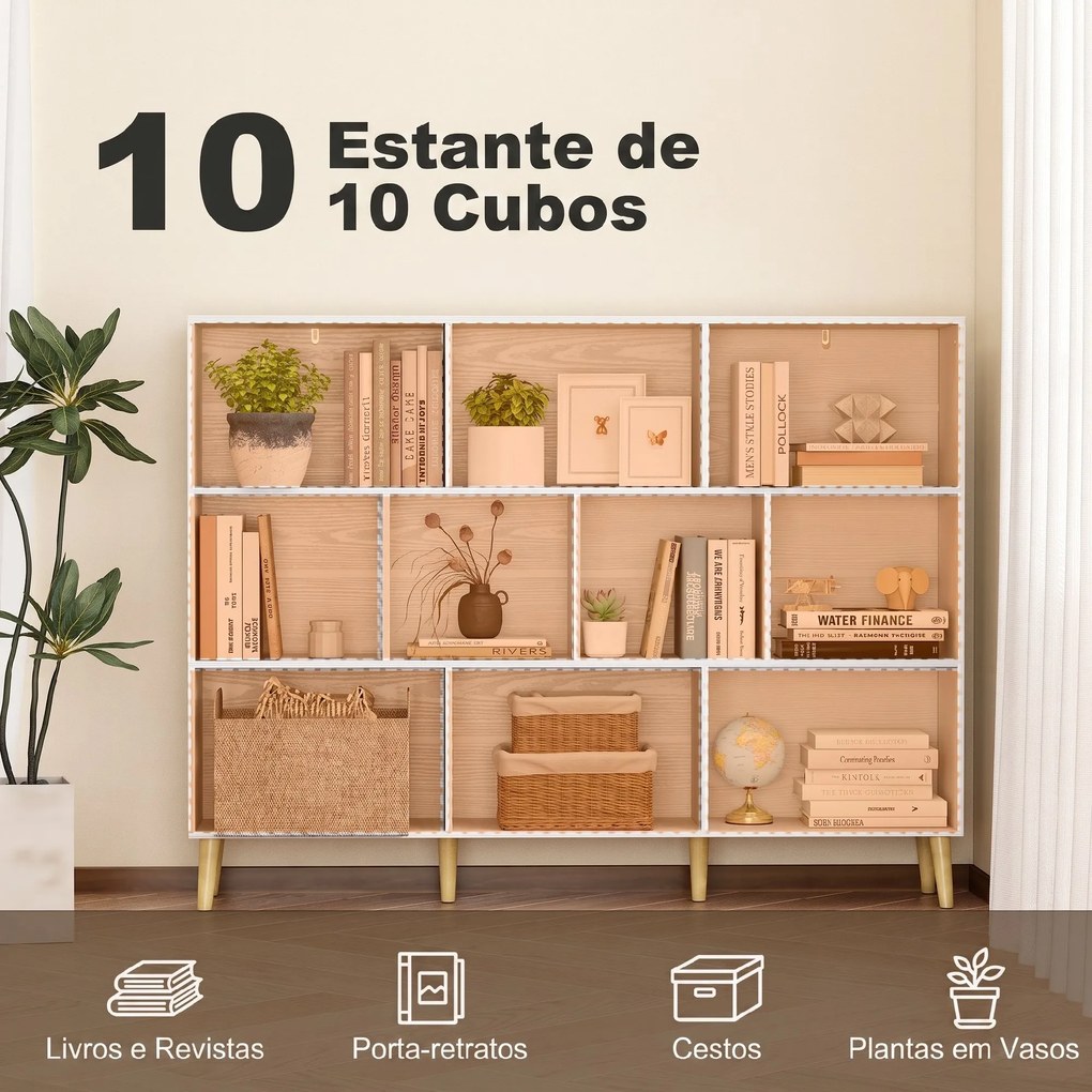 Estante para Livros com 10 Compartimentos e Pés em Madeira Maciça, 140x24x107 cm, Branco