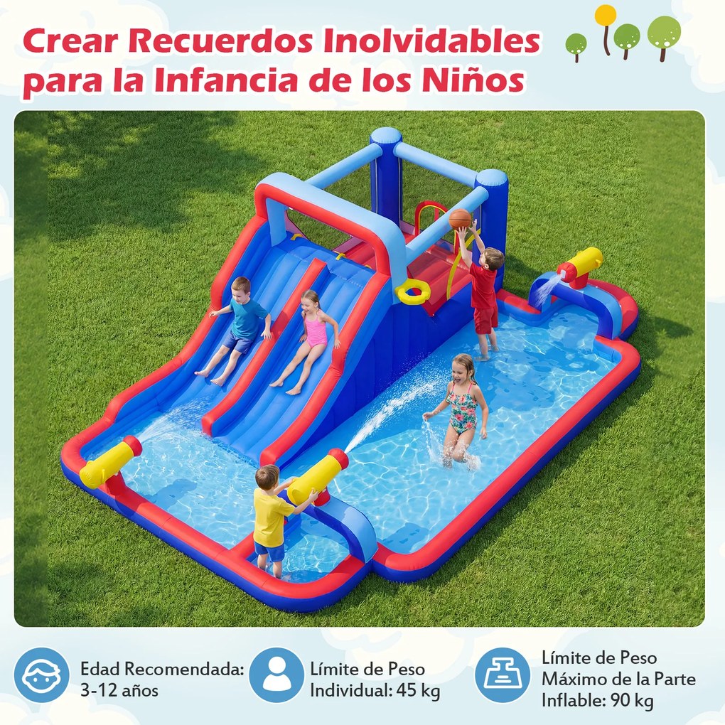 Parque aquático insuflável com escorrega duplo 646 x 418 x 211 cm, piscina, zona de salpicos, zona de saltos, parede de escalada, cesto de basquetebol