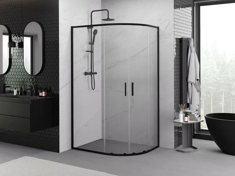 Mexen Exo-S Duo cabine de duche semicircular assimétrica de correr 90 x 80 cm, transparente, preta - 8132-090-080-70-00