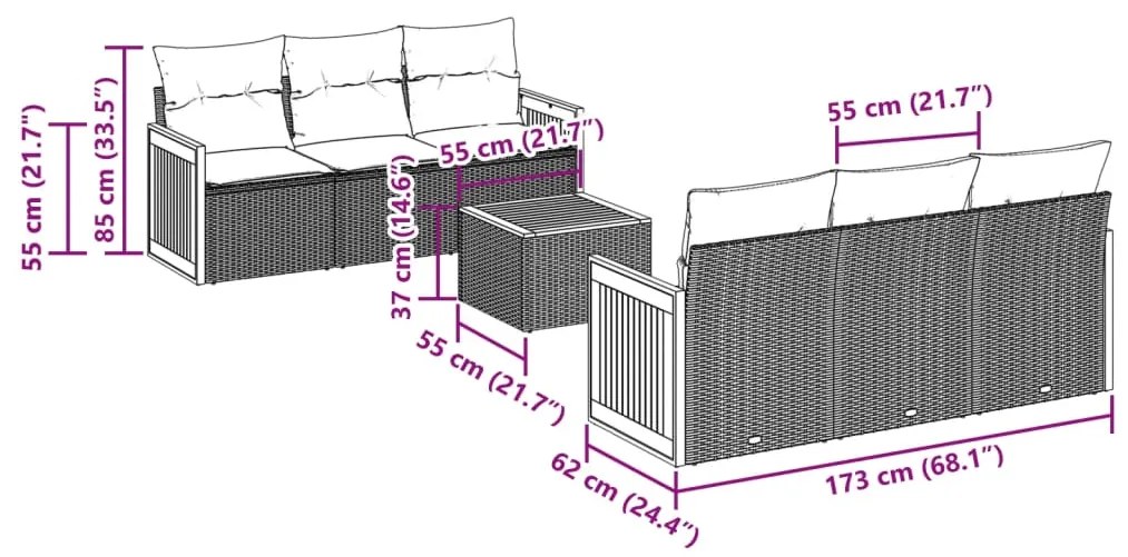 7 pcs conjunto de sofás p/ jardim c/ almofadões vime PE preto