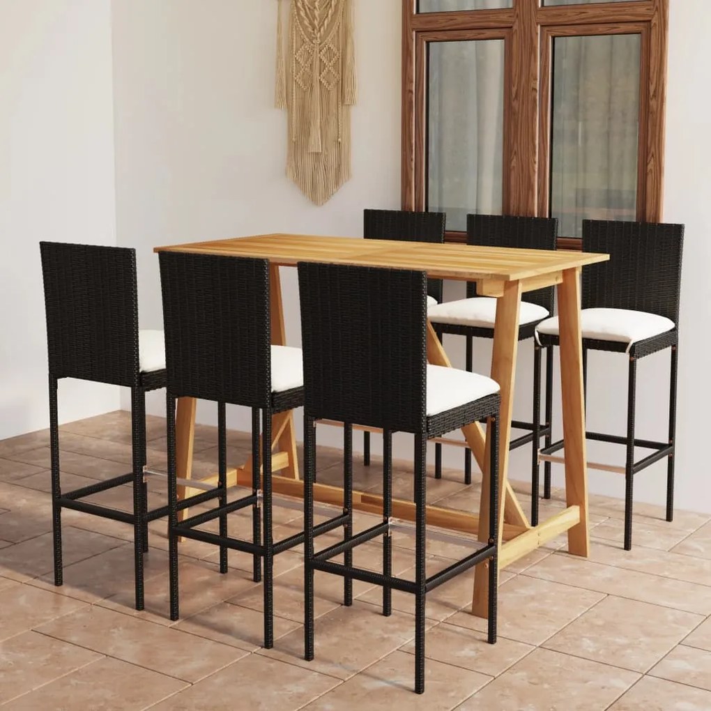 vidaXL 7 pcs conjunto de bar para jardim com almofadões preto