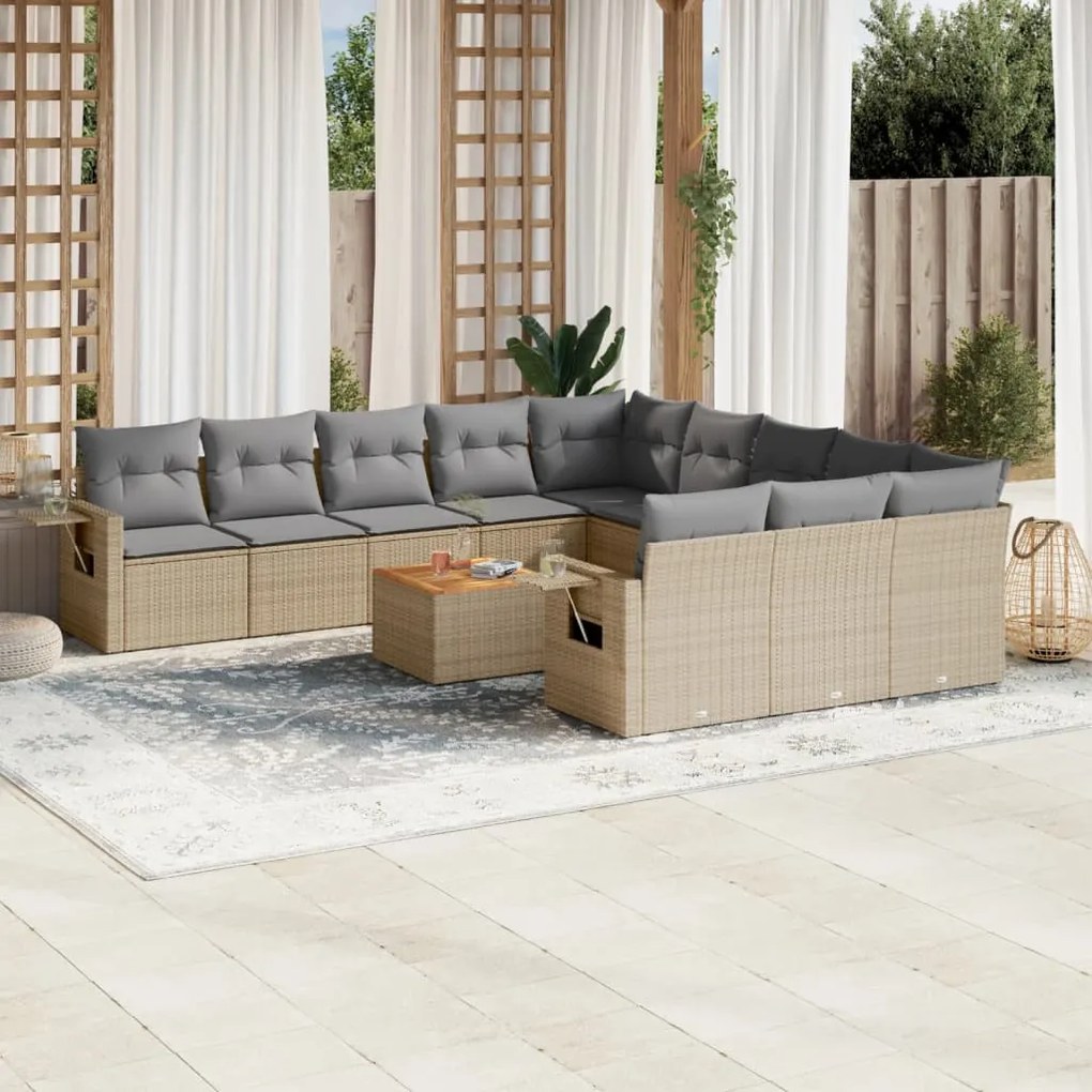 12 pcs conj. sofás jardim c/ almofadões vime PE bege misturado