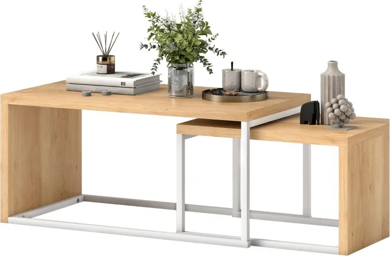Conjunto de 2 Mesas de Centro com Pés de Metal Estilo Industrial 90x48x42 cm e 59x42x36 cm Branco e Madeira