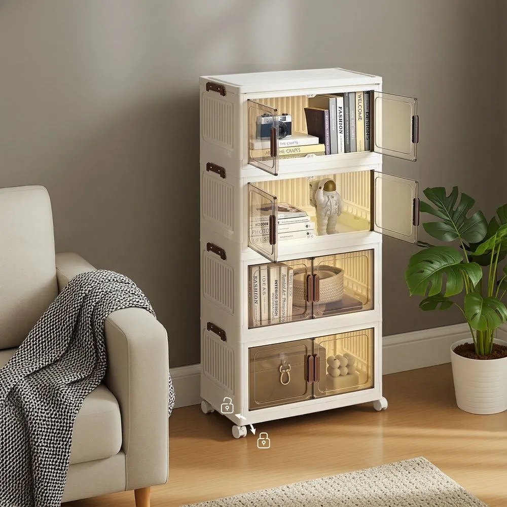 Caixas com tampa Organizador com rodas, 4 níveis, 31 x 55 x 111 cm Branco-castanho transparente