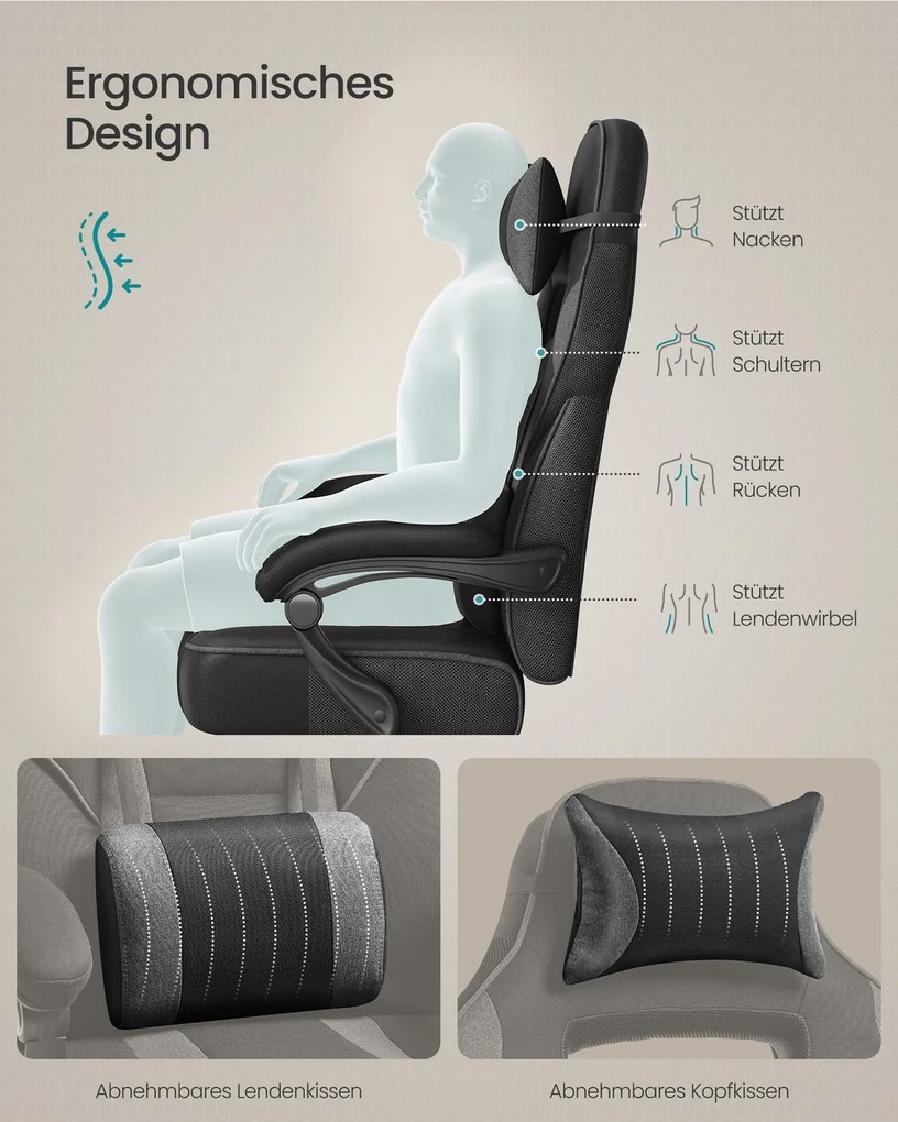 Cadeira gaming com apoio para os pés, apoio para a cabeça e almofada lombar, preto e cinza-ardósia