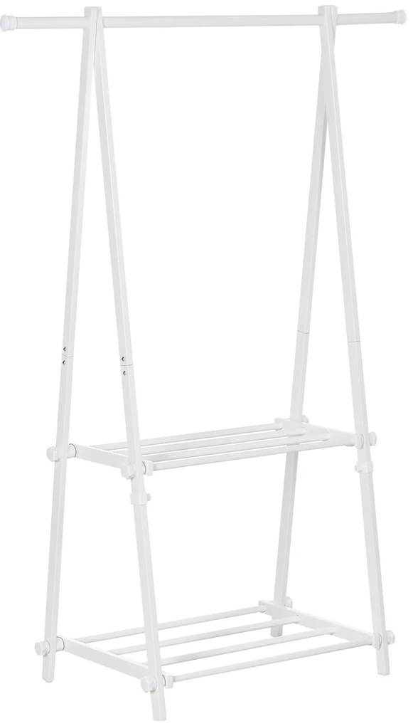 HOMCOM Suporte para Cabide Dobrável com 2 Prateleiras e 1 Barra para Pendurar Roupas para Sala Quarto Entrada 107,5x45x150 cm Branco | Aosom Portugal
