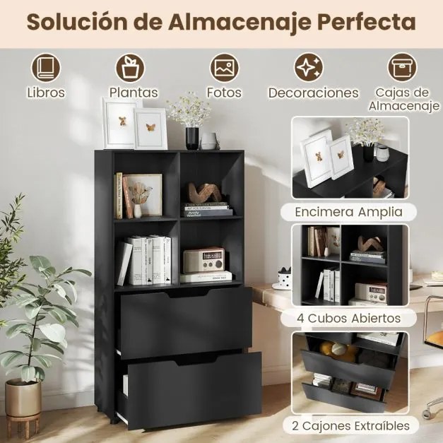 Estante com 4 cubos 70 x 33,5 x 130 cm com 2 gavetas com 5 níveis Design moderno em madeira para sala ou escritório Preto