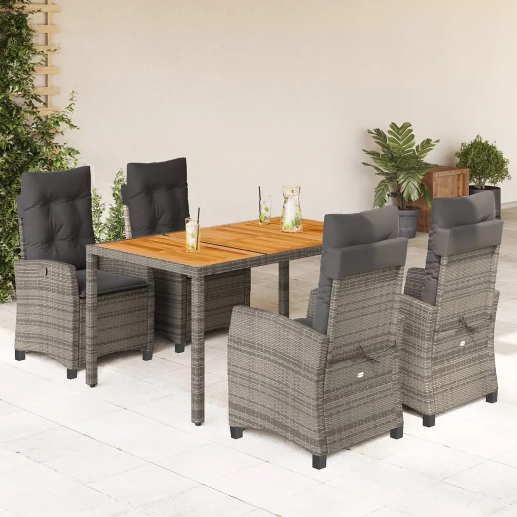 vidaXL 5 pcs conjunto de jantar p/ jardim c/ almofadões vime PE cinza