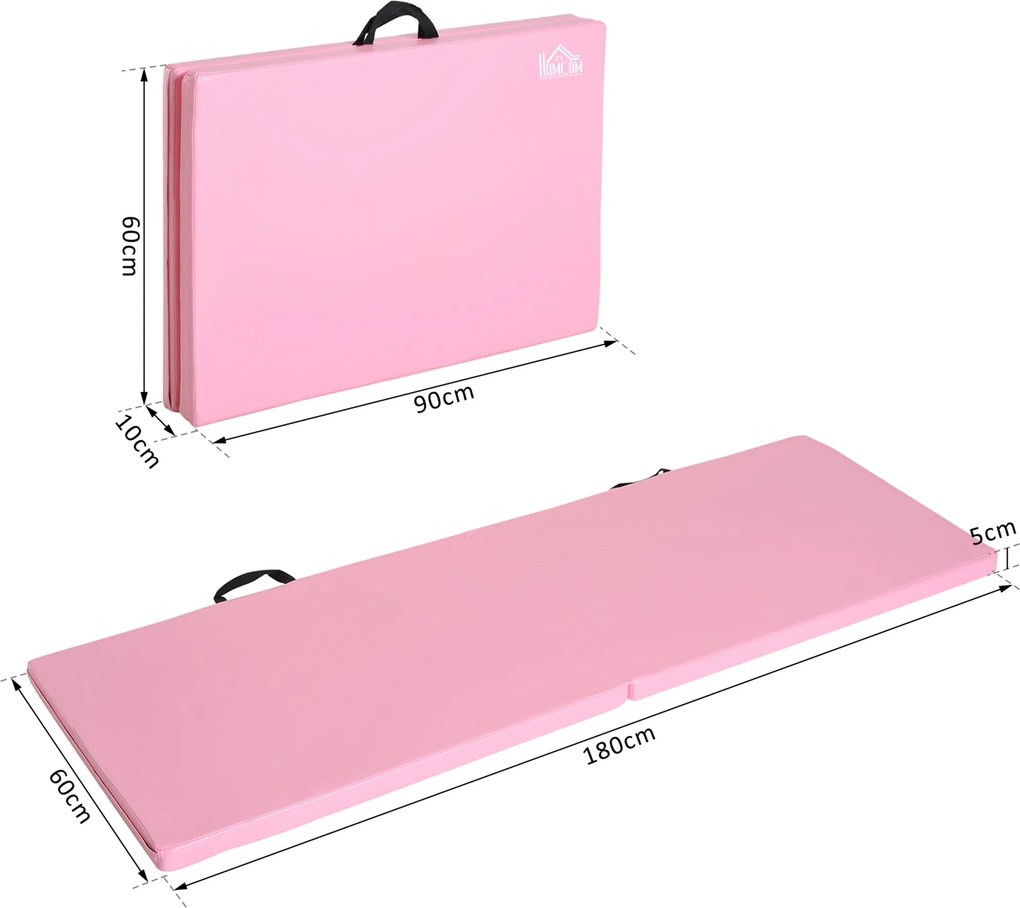 Tapete de Ginástica para Yoga e Pilates, 180 x 60 x 5 cm, Dobrável com Pegas, Rosa