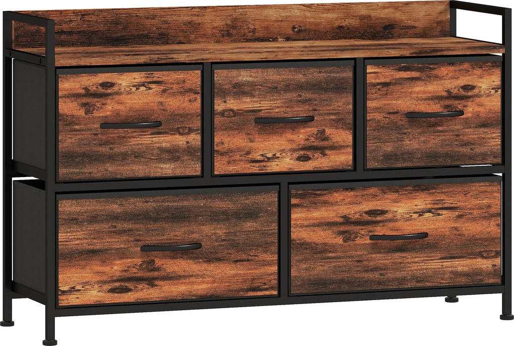 HOMCOM Cómoda com 5 Gavetas de Tecido Cómoda de Estilo Industrial com Estrutura Metálica para Quarto 98x29x63 cm Castanho Rústico | Aosom Portugal