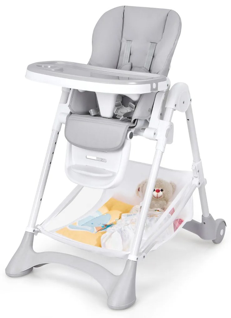 Cadeira Refeição Bebé Alta Cadeira de Jantar Dobrável com Rodas Altura da Almofada em PU Dupla Removível 89 x 57 x 105 cm Cinzento