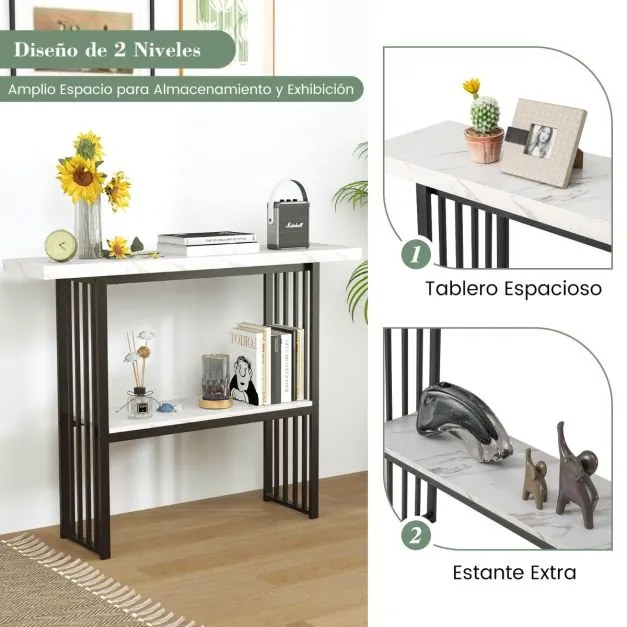 Mesa de 2 níveis com prateleira aberta, estrutura em aço dourado para sala de estar ou corredor, 120 x 29,5 x 92,5 cm, preto e branco